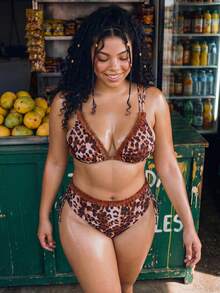 Swim Vcay Conjunto de traje de baño 2026 nuevo talla grande con estampado de leopardo, top tankini de escote en V profundo con tirantes ajustables de espagueti y espalda descubierta, y bragas de cintura alta con volantes y cordón, casual y sexy para playa y vacaciones - Multicolor - Ver 5