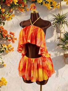 Amplova Bộ đồ hai mảnh bằng vải chiffon dành cho nữ: Áo cổ yếm hở lưng với vạt áo bất đối xứng, viền bèo nhún hai lớp mềm mại và chân váy ngắn, gợi cảm và phá cách, thích hợp cho trang phục đi nghỉ mát. - trái cam - Xem 3