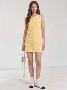 Muvela Cardigan de vară pentru femei, casual, cu imprimeu ondulat, în culori contrastante, cu nasturi în față, tricotat, cu guler rotund, potrivit pentru brunch, ieșiri, întâlniri, naveta, vacanțe în croazieră, ideal pentru excursii în Ibiza. Set galben, ținută de lucru pentru femei. - Galben - Vizualizare 4