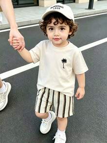 SHEIN Playful Pals 2件組 嬰幼兒男童休閒圖案插肩袖上衣與條紋短褲 黑白格紋 夏季度假節日嬰兒套裝 - 杏色 - 查看 6