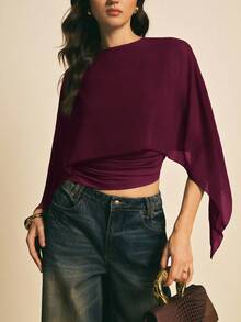 Poéselle Women's Solid Color Round Neck Batwing Sleeve Pleated Fashionable Blouse,Summer Top - Red Violet - View 3