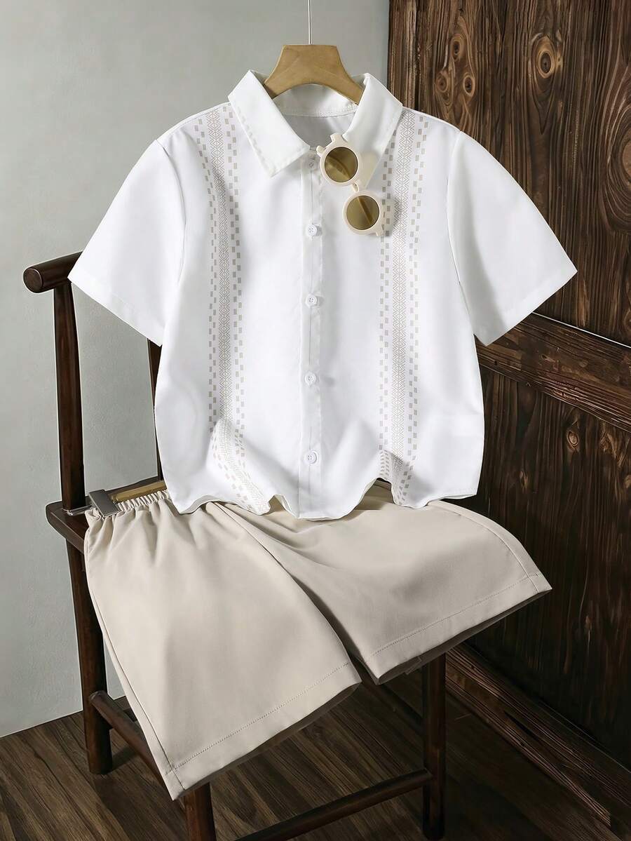 Tween Boy Geometric Print Short Sleeve Shirt And Shorts Casual Set - Khaki - View 1