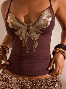 Opulessa Solid Color Knit Halter Neck Fitted Tank Top For Women, Spring/Summer Club Night Brown And Gold Sexy - Brown - View 2