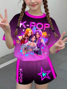 少女休闲彩色渐变韩流明星卡通女团印花圆领短袖T恤短裤两件套，适合夏季穿着 - 彩色 - 查看 2