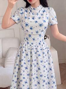 Modelyn 女款多季節藍色碎花短袖垂領抓皺設計優雅通勤中長洋裝 - 藍色 - 查看 4
