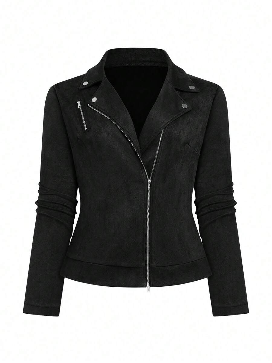 SHEIN LUNE CURVE Plus Size Women Suede Lapel Zip-Up Casual Motorcycle Jacket Fall - Black - View 1