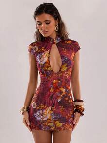 SHEIN BAE 女士印花镂空设计短袖修身迷你连衣裙 - 紅木色 - 查看 6