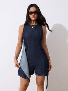 SHEIN Tall Bộ áo liền quần denim không tay cổ tròn thắt eo dành cho nữ, trang phục thường ngày thoải mái đi biển và nghỉ mát thanh lịch cho nữ. Bộ áo liền quần denim không tay thắt eo kiểu quấn dành cho nữ mùa hè, trang phục thường ngày thoải mái đi nghỉ mát. - Rửa tối - Xem 13