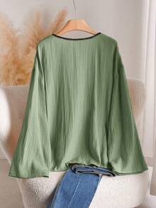 CosyJoli Plus Size Contrast Color Collar Tie Front Long Sleeve Shirt Fall - Green - View 2