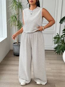 SHEIN EZwear Plus Size Women 2pcs Set - Striped Minimalist Round Neck Tank Top And Casual Pants - Black and White - View 5