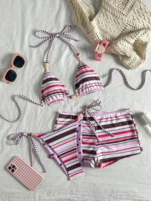 Bonvoyette Bộ đồ bơi đi biển mùa hè cho nữ, áo khoác ngoài thời trang gợi cảm ngọt ngào thanh lịch phong cách thường ngày. Họa tiết kẻ sọc, chấm bi, in hai mặt cơ bản đa năng. Trang trí hạt cườm tương phản. Nhiều lựa chọn phối đồ. Bộ 3 món gồm áo bikini cổ yếm, quần tam giác và quần short. Phù hợp cho đi biển, resort, spa, lễ hội âm nhạc, tuần trăng mật, du lịch và các dịp giải trí. - Nhiều màu - Xem 6