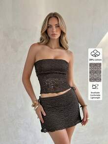 SHEIN Glamour Bộ hai mảnh áo không tay ren màu xanh quân đội và chân váy ngắn, phong cách gợi cảm, sang trọng cao cấp, trang phục lễ hội âm nhạc mùa hè, phong cách đường phố, trang phục đi xem hòa nhạc, trang phục đi hộp đêm, trang phục hẹn hò, trang phục sinh nhật cho nữ, đồ cần thiết cho tiệc tùng, bộ đồ cơ bản, trang phục đi chơi, trang phục du lịch biển và kỳ nghỉ hè. - màu nâu - Xem 3
