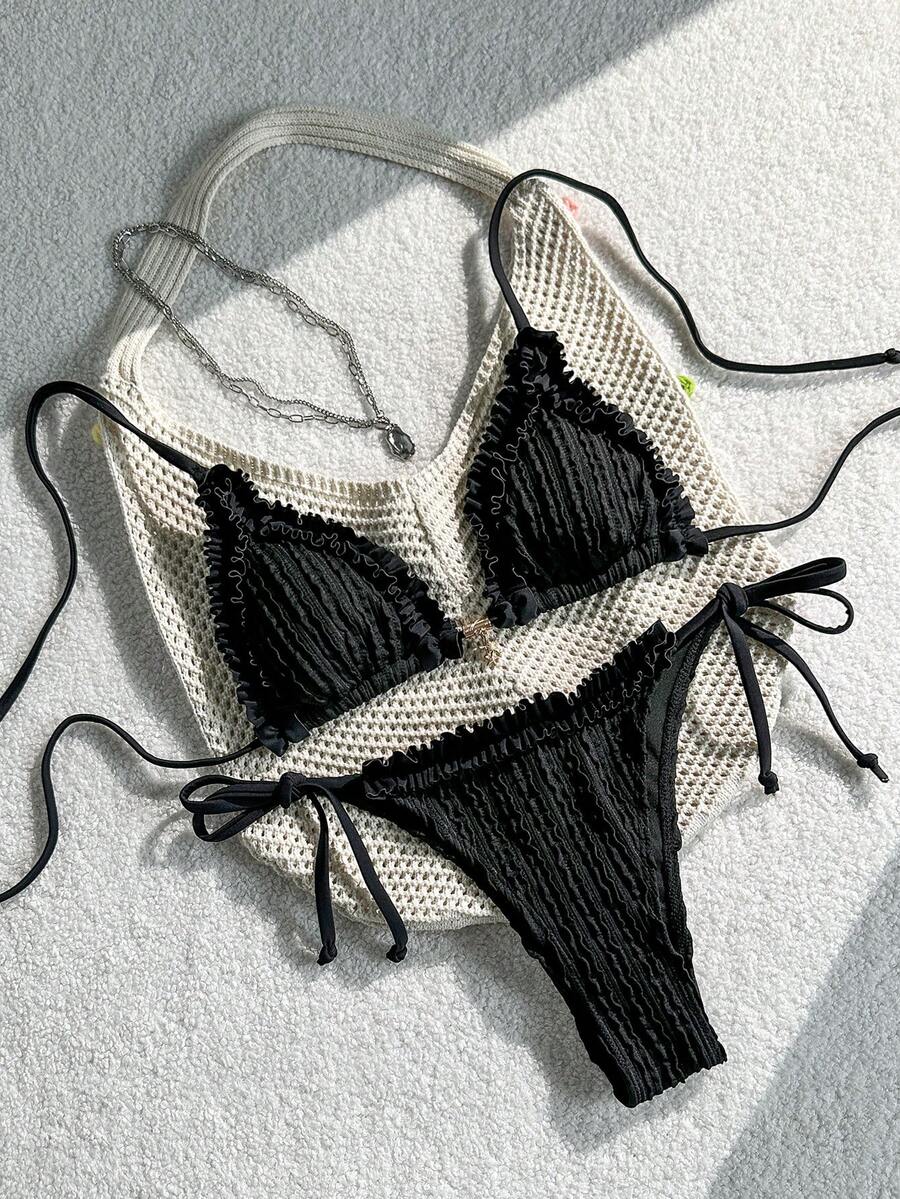 Bikini de mujer Swim Mod-D de unicolor con tela jacquard, decoración metálica y volantes, para primavera/verano - Negro - Ver 1