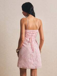 Poéselle Women's Elegant Cutout Ruffle Front Tie Strap Short Dress, Summer - Pink - View 2