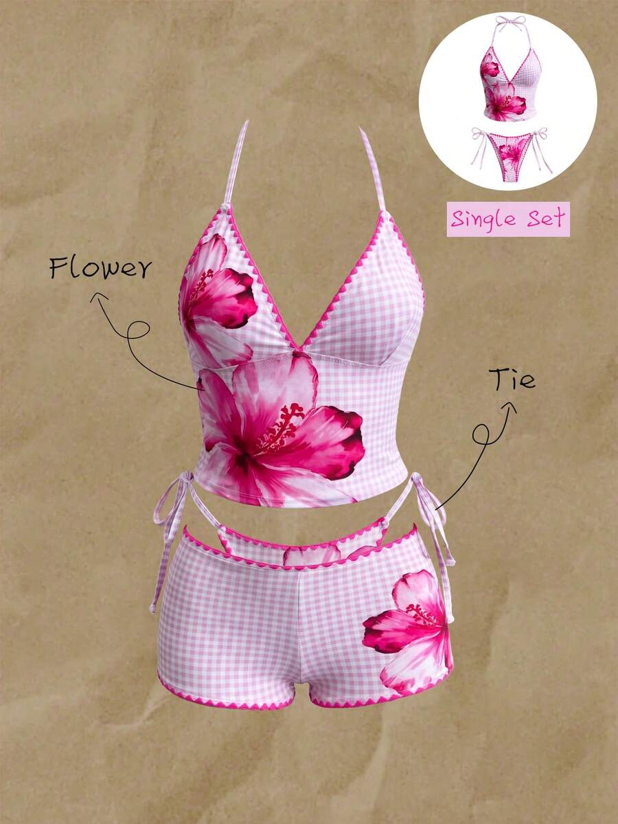 Elavelle Swim Vcay-D 女士春夏定位印花细肩带贝壳钩边比基尼套装 - 彩色 - 查看 1