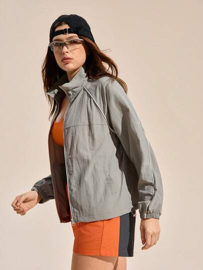 Exploreva Contrast Color Trim Zipper Casual Loose Fit Long Sleeve Sports Jacket
