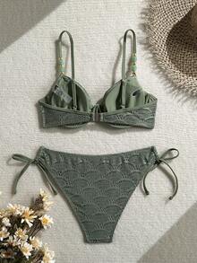 Swim Chiccia Olive Green Summer Casual Holiday Vacation Textured Fabric Collar Decor Adjustable Shoulder Strap Top & Side Drawstring Shorts Luxury Set,Holiday - Green - View 3
