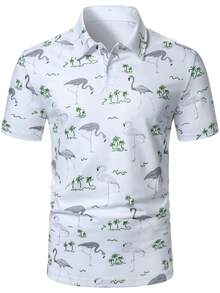 Manfinity Homme Kemeja Polo Pria Kasual untuk Liburan dengan Motif Pohon Kelapa & Flamingo - Putih - View 4