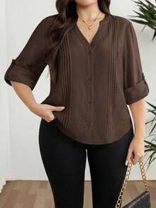 Modelyn Plus Size Women's Solid Color Cuffed Sleeve Pleated Design Casual Shirt - Coffee Brown - View 9