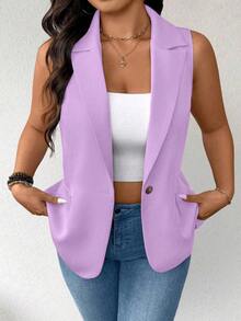 EMERY ROSE Blazer Tanpa Lengan Minimalis Kasual Tipis untuk Wanita Ukuran Plus - Purple - View 3