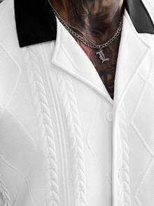 Manfinity CasualCool Conjunto de 2 piezas de camisa y pantalones cortos casuales con textura de contraste para hombre, primavera/verano - Blanco y Negro - Ver 2