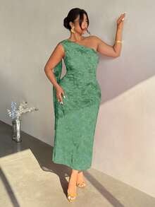Firerie Plus Size Women's Sage Green Summer Elegant Wedding Guest Asymmetrical Shoulder Bodycon Maxi Dress, Fashion Party Beach Vacation Outfit - Green - View 3