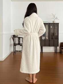 DAZY Women's Minimalist Textured Fleece Long Robe, Winter Loungewear - White - View 2
