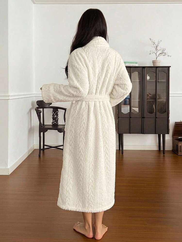 Women's Minimalist Textured Fleece Long Robe, Winter Loungewear