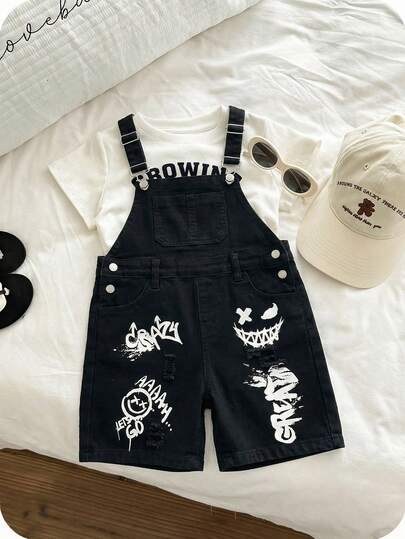 SHEIN Tween Boy Fashion Casual Y2k Vintage Cool Street Basic Simple And Comfortable Letter-Style Graffiti Pattern Black Fitted Drawstring Elastic Denim Shorts For Kids Clothes Tween Boy Dailywear And Kids Spring To Summer Rave Outfits Festival And Outfits Streetwear Clothes