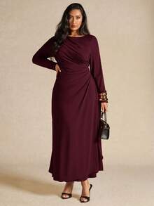 SHEIN BAE Đầm dài tay xếp ly thanh lịch dành cho nữ cỡ lớn, màu vàng, thích hợp cho mùa thu/đông. - Màu Đỏ Sâu - Xem 4