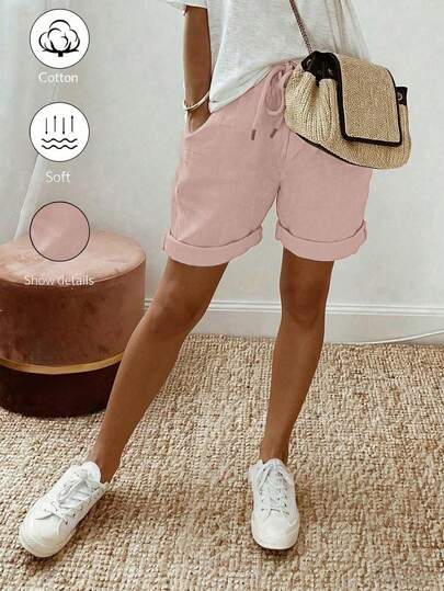SHEIN Holidaya Women's Summer New Linen Casual Drawstring Rolled Hem Shorts, Featuring A Linen Textured Fabric, Paired With An Elastic Waist Drawstring Design And Rolled Hem Details, Offering A Relaxed Yet Chic Look, Suitable For Daily Outings, Vacations Or Light Casual Occasions, A Versatile Item In The Category Of Casual Drawstring Shorts, Khaki Color Elegant Pants, And Loose Slimming Trousers.