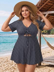 SHEIN CURVE+ 大码女士波点镂空泳装连衣裙和短裤两件套泳衣套装，夏季 - 黑與白 - 查看 5