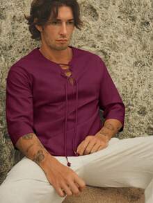 HIMLAND Loose Fit Men's Lace Up Front Drop Shoulder High Low Hem Top Vacation Maroon Autumn Tropical - Burgundy - View 5