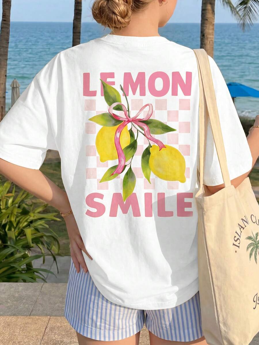白色复古沙滩蝴蝶结柠檬印花少女休闲简约短袖圆领T恤,适合春夏日常穿着、街头风、外出、度假、返校季等场合。 - 白色 - 查看 1
