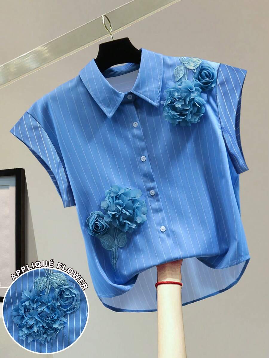 Franclia Áo sơ mi ngắn tay họa tiết hoa 3D và sọc, kiểu dáng thường ngày, phù hợp cho nữ, thích hợp đi làm và mặc hàng ngày, mùa xuân/hè. - Nhiều màu - Xem 1