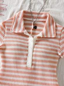 SHEIN Bộ áo liền quần tay ngắn, kẻ sọc, cài cúc nửa thân, kiểu dáng thường ngày cho bé gái tuổi teen. - Hồng - Xem 5