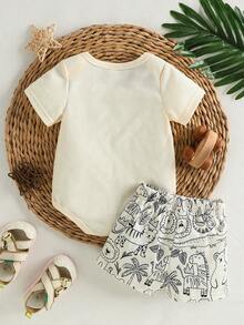 SHEIN Playful Pals Bộ bodysuit trẻ em 0-3 tuổi cho bé trai/bé gái, màu đen trắng, họa tiết in đường nét động vật, phong cách casual dễ thương, dáng rộng, đồ gia đình đồng bộ, quần áo đi chơi mùa hè - Màu be - Xem 2
