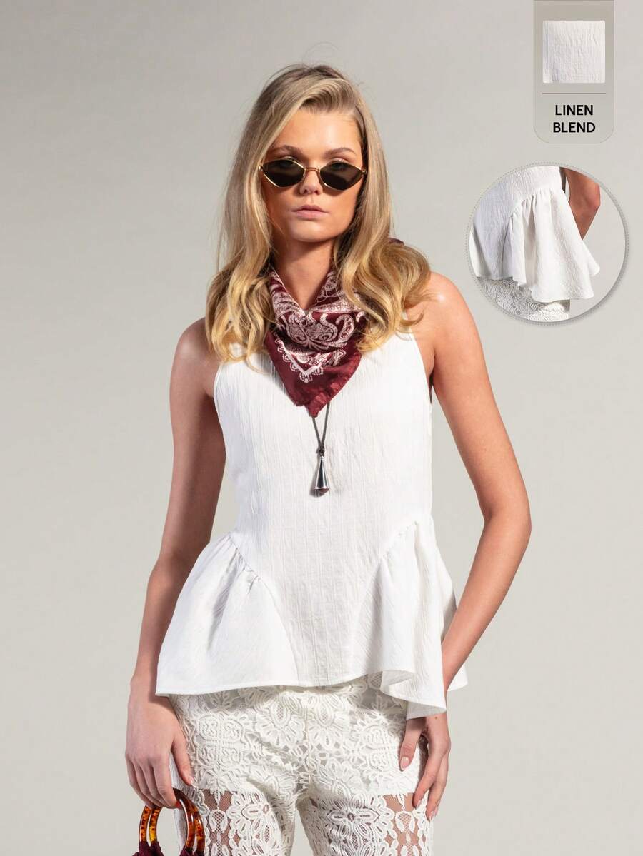 Rouah Women's Solid Color Round Neck Textured Peplum Top - Perfect For Summer Nights, Party Brunch Vacation, Resort, All White Casual Boho - White - View 1