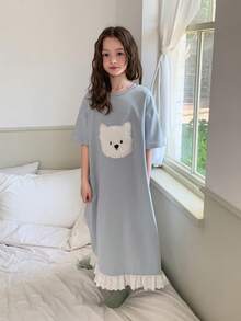 Dazy Kids 毛絨圖案拼色設計青少年女孩圓領居家服夏季 - 淺藍色 - 查看 4
