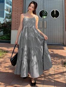 DAZY Đầm midi nữ kẻ caro xếp nếp, kiểu dáng thường ngày, thích hợp cho tiệc tùng. - màu đen - Xem 4
