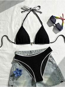 Swim Vcay 女款泳裝套裝，特殊面料掛脖綁帶露背貝殼設計，2件式夏季度假海灘穿搭 - 彩色 - 查看 4