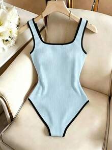 Mono de mujer con cuello de barco, cintura ceñida y color albaricoque, adecuado para atuendos de verano, ropa de primavera, Pascua, Día de San Patricio, playa, salidas, elegante, vacaciones de mujer, vacaciones de playa de mujer, ropa casual de m - Azul - Ver 2