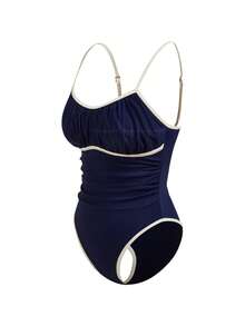 SHEIN 女士新款撞色荷叶边连体泳衣，适合夏季海滩度假 - 彩色 - 查看 3