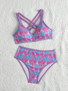 SHEIN Conjunto de bikini con estampado de conchas marinas para niñas preadolescentes - Multicolor - Ver 2
