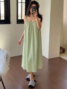 DAZY 女士休闲褶皱吊带中长连衣裙，夏季家居服 - 綠色 - 查看 5