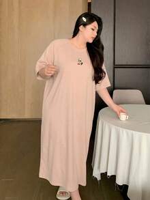 Dazy Plus Plus Size Cartoon Pattern Loose Long T-Shirt Style Nightgown, All Season Summer - Pink - View 3