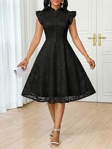 SHEIN Lady Women's Elegant Black Lace Midi Dress With Ruffle Sleeves And Button Detail Perfect For Evening Dinner Tea Party Date Events Office Party Summer - Black - View 3