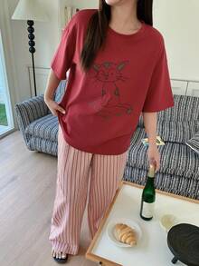 Dazy Plus 大码女士舒适短袖睡衣套装 夏季 - 紅色 - 查看 2