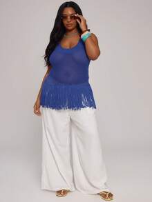 MUSERA Plus Size Crochet Knit Fringed Fitted Vest Top Autumn Vacation Holiday Beach Formal Vacation Elegant Casual Swim Ibiza Tropic Heat Royal Blue - Blue - View 5