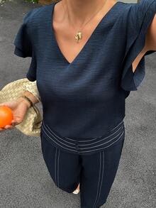 Dazy Plus Summer Vacation & Commute Outfit V-Neck Ruffle Trim Cap Sleeve Casual Pants Plus Size Women 2 Pieces Set, Spring/Summer - Navy Blue - View 6
